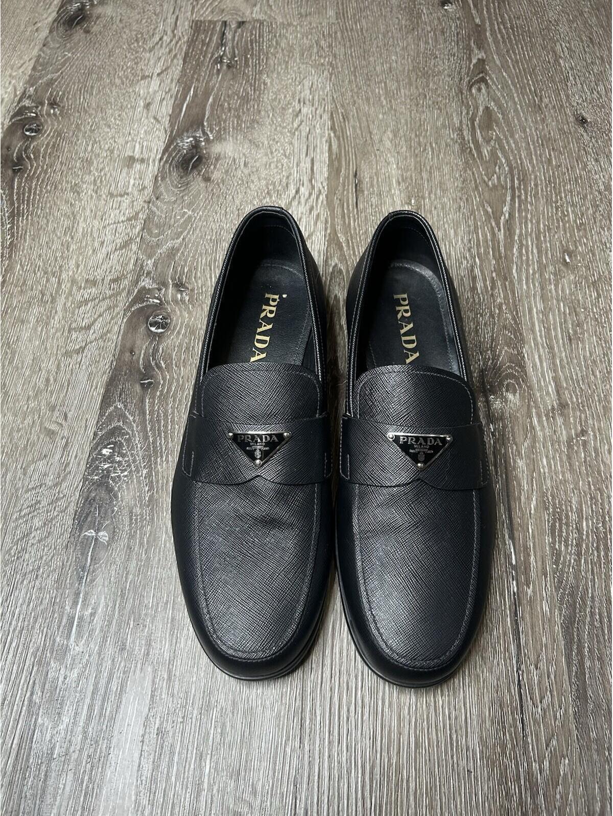 Prada Mens Saffiano Leather Logo Loafer Shoes Black Size 8uk-9us